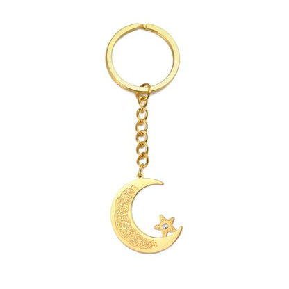 Islamic Ayatul Kursi Keychain Muslim Crescent Moon and Star Keyring Arabic Calligraphy Keyring Allah Amulet Jewelry - color: Gold