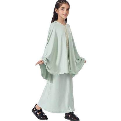 Lenmipot Kids Jilbab 2pcs Abaya Girls Muslim Prayer Dress Kids Eid Full Cover Abaya Dress Set Islamic Prayer Jilbab for Girl - color: Mint Greena, size: 7-8 Years
