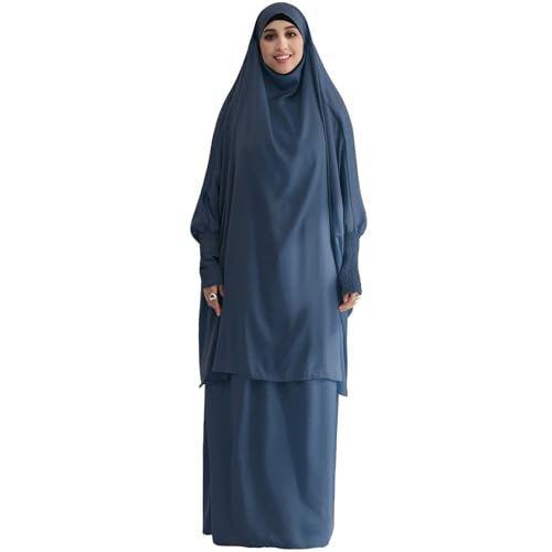Muslim Women Abaya Two Pieces Set Prayer Dress Elasticated Sleeves Islamic Robe Modest Full Cover Prayer Clothes - color: Foggy Blue