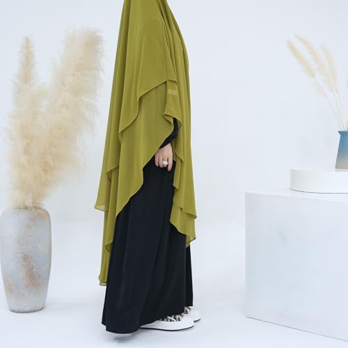 SYANKANGXIAO Ramadan Eid Khimar Abaya Turkey Islam Muslim Chiffon 2 Layers Long Hijab Dress Prayer for Women Full Cover Robe - color: Earth Yellow