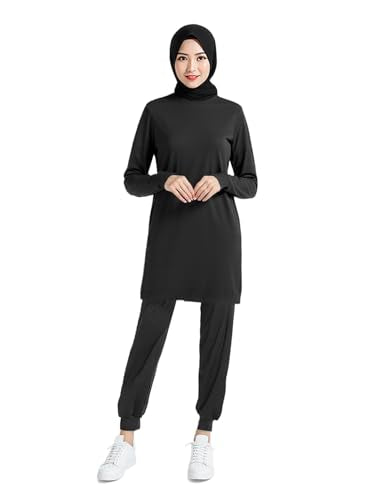 Womens Muslim Tracksuit Set Solid Crew Neck Sweatsuits with Pockets Plain Islamic Athletic Sportswear - color: Black, size: X-Large