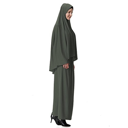 XINFU Muslim Islamic Women's khimar 2pcs Sets Soft Distinctive Prayer Dress Hijab Abaya Suit(10 Colors Available) - color: Army Green, size: Medium
