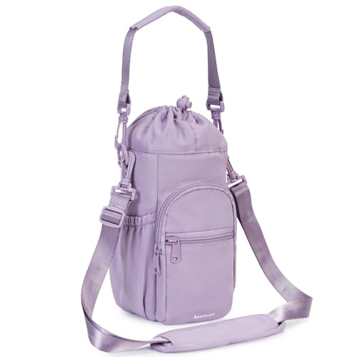 sportsnew 40oz Insulated Crossbody Water Bottle Bag Gym Hiking Phone Pocket | Water-resistant Lining, Padded Strap, Top Handle, Drawstring, Phone Pocket, Elastic Slots, Built-In Key Clip for Gym Walking - color: Purple