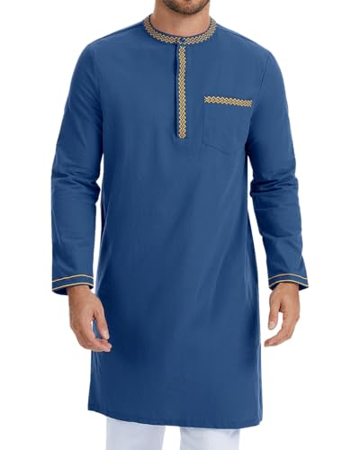 YAOHUOLE Caftans for Men Islamic Kaftan for Men Long Sleeve Arabic Thobe - color: Navy, size: Medium