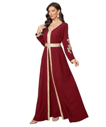 Elegant Muslim Dress with Embroidered Traditional Islamic Attire Maxi Robe Eid Prayer Gown - color: Red, size: X-Large
