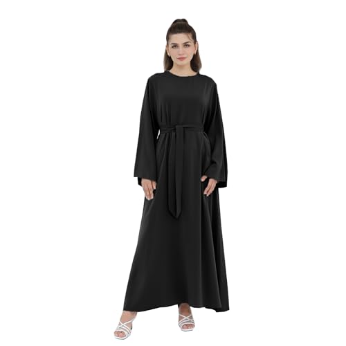 Women Abaya Dress with Belt Muslim Bell Sleeve Robe Islamic Prayer Jilbab | with Belt, A-line Skirt, Bell Sleeve - color: Black, size: Medium