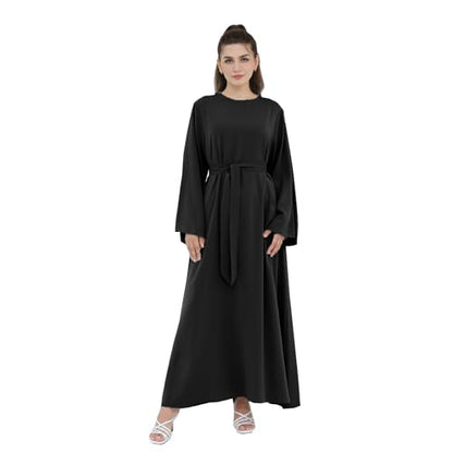 Women Abaya Dress with Belt Muslim Bell Sleeve Robe Islamic Prayer Jilbab | with Belt, A-line Skirt, Bell Sleeve - color: Black, size: Medium