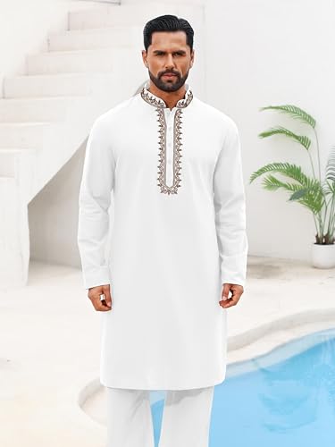 Runcati Mens Kaftan Thobe Cotton Henley Shirt Long Sleeve Embroidery Robe Casual Kurta Muslim Gown Shirt - color: White, size: X-Large