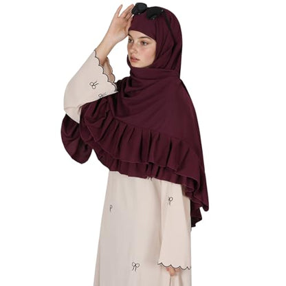 Prayer Hijab for Women Muslim Cotton Blend Lightweight Ruffled Square Scarf - color: Wine Red