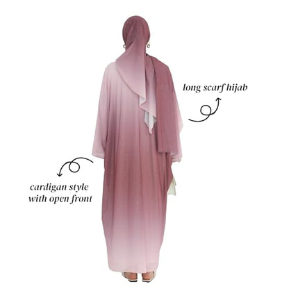 Muslim Women Abaya Gradient Flash Cardigan Sequin Robe with Hijab | Gradient Color, Flash Sequin, Scarf Hijab - color: Pink+hijab, size: Medium