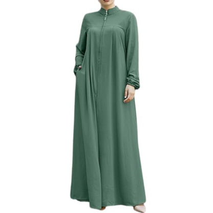 Muslim Dresses for Women One-Piece Long Sleeve Stand Collar Zip Up Islamic Prayer Dress Abaya Kaftan Dubai Dress - color: Green, size: 3X-Large