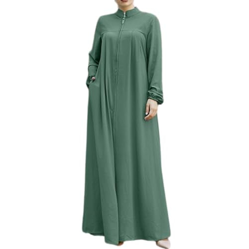 Muslim Dresses for Women One-Piece Long Sleeve Stand Collar Zip Up Islamic Prayer Dress Abaya Kaftan Dubai Dress - color: Green, size: XX-Large