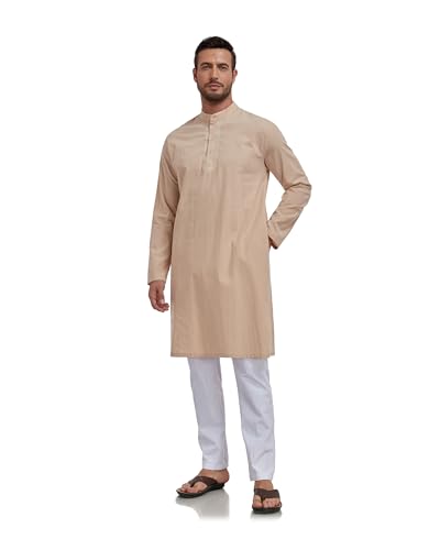 Jacansi Men's Cotton Linen Kaftan Thobe, Button Henley Long Sleeve Muslim Dress Robe - color: Khaki, size: X-Large
