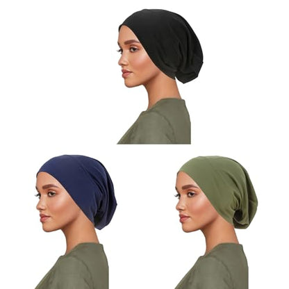 PURFUN 3 Pcs Muslim Inner Hijab Caps Women Solid Color Under Hijab Caps Stretchy Breathable Full Cover Undercap Tube Bonnet - color: Navy Blue+green+black