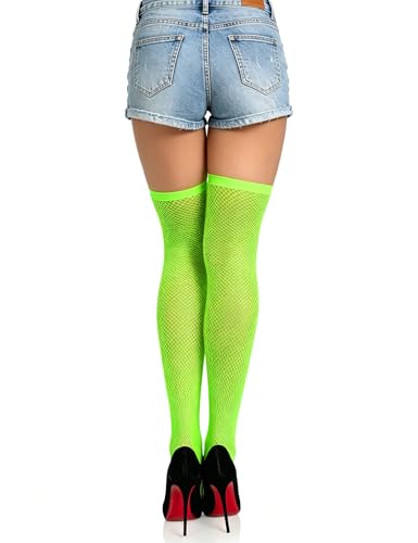 Lastclream Fishnet Over Knee Sock for Women Knee Full Footed Sock Fishnet Hosiery for Party - color: Neon Green