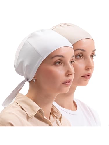 FabNest Women Hijab Undercap Islamic Muslim Under Scarf Hats Bonnet with Tie Back Non-Slip Breathable and Snug-Fit - color: White + Sand Beige (2pcs)