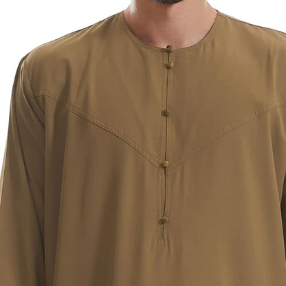 IKADEX Muslim Thobe for Men Islam Kaftan Long Sleeve Button Down Casual Henley Prayer Robe Clothing Dubai Arabic with Pockets - color: B-brown, size: Medium