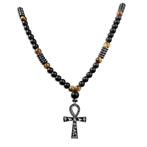 Ankh Cross Pendant Ancient Egyptian Hieroglyphic Symbol of Health and Eternal Life Men Cross Necklace with Tiger Eye Stone Obsidian Hematite Triple Protection Crystal Beads Chain - color: Black-Silver