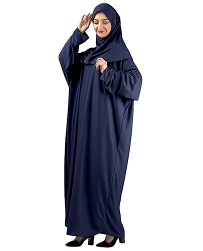 Women Prayer Clothes with Hijab Muslim Outfits Long Robe Abaya Turkish Islamic Dresses Dubai Kaftan with Rosary - color: Navy Blue
