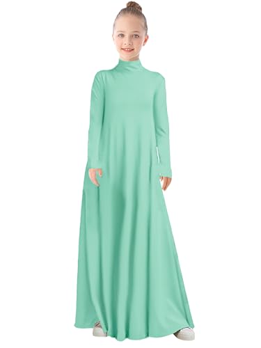 WSPLYSPJY High Neck Kids Girls Abaya Dress Solid Color Muslim Robe Prayer Clothes with Pockets - color: 연한 녹색., size: 11-12세