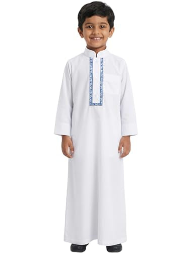 IWEMEK Kids Thobe for Muslim Boys Robe Eid Ramadan Kaftan Dubai Islamic Prayer Clothes Arabic Abaya Ethnic Dress with Pockets - color: White-blue, size: 9-10 Years