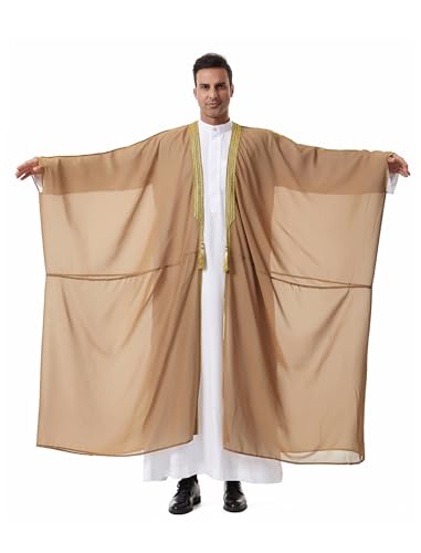 IWEMEK Mens Kaftan Thobe Muslim Thobe Ramadan Abaya Prayer Dress Chiffon Open Front Embroidered Cardigan Dubai Islam Kimono - color: Brown, size: X-Large