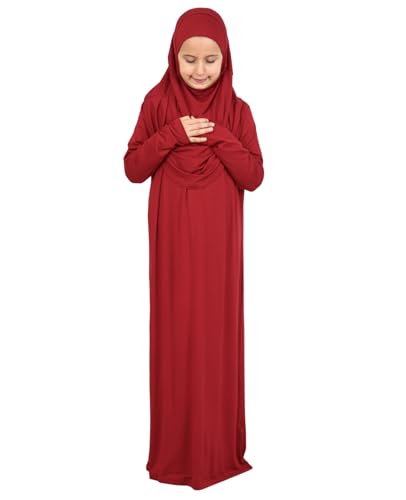 Prien Kids Muslim Prayer Dress With Hijab & Pouch, Soft Viscose Abaya For Girls, Islamic Clothes, Robe For Eid, Ramadan - color: Burgundy