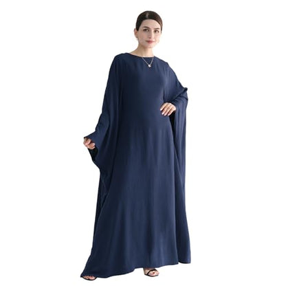 Abaya 무슬림 여성용 드레스 배트윙 슬리브 루즈핏 맥시 겸손한 이슬람 의류 히잡 스카프 포함 기도 드레스 - color: 네이비
