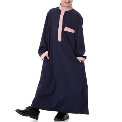 Arabic Thobe for Muslim Boys Eid Outfit Long Sleeve Kaftan Kids Prayer Dress Boys Muslim Thobe Ramadan Islamic Clothing - color: Navy, size: 7-8 Years