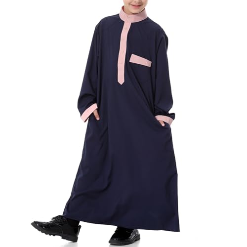 Arabic Thobe for Muslim Boys Eid Outfit Long Sleeve Kaftan Kids Prayer Dress Boys Muslim Thobe Ramadan Islamic Clothing - color: Navy, size: 9-10 Years
