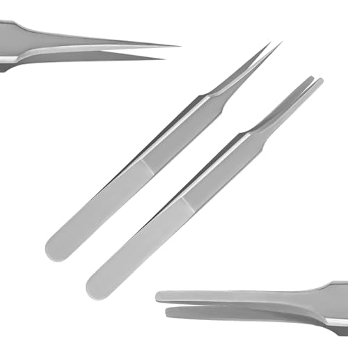 Splinter Forceps - Fine Point - Tweezers Stainless Steel Straight & Curved (Set of 8 Pcs W Magnifying Glass) - size: Set of 8 Pcs W Magnifying Glass