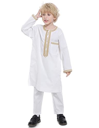 Boy's Muslim Clothing Kaftan Set - Middle East Youth Embroidered Robe Suit Round Neck Islamic Dress Arabic Wear - color: White, size: 23
