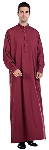 New Solid Color Robe Kaftan for Men, Thobe Long Gown Saudi Arabia Dubai Muslim Clothes Stand Collar Shirt - color: Red, size: 3X-Large