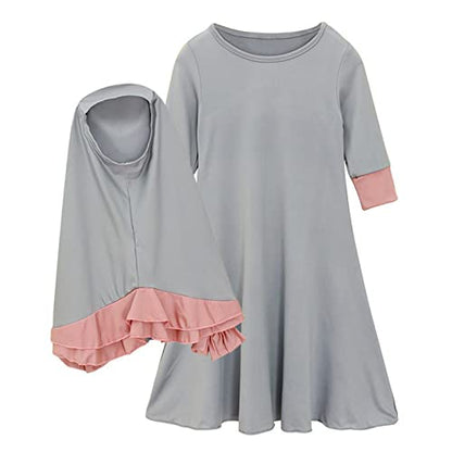Kids Prayer Dress Muslim Clothes Outfits for Toddler Girls Long Sleeve Abaya with Hijab Two Piece Maxi Islamic Set - color: Grey, size: 4-5T