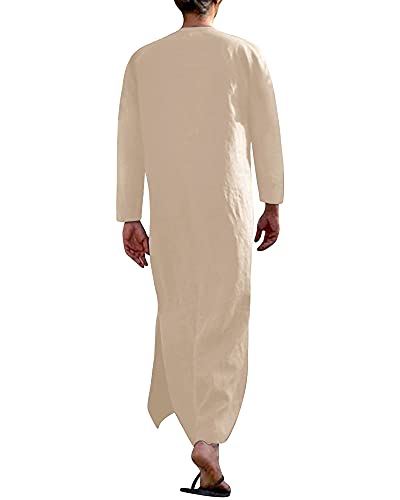 YAOHUOLE Men's Kaftan Thobe Long Sleeve Men Thobe Robe Side Split Men Thobe with Pockets Casual Thobe - color: Khaki-long Sleeve, size: Medium