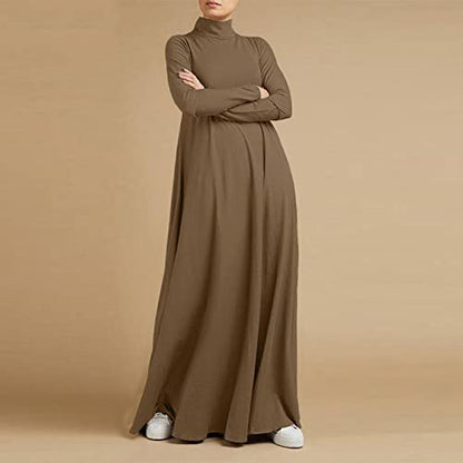 Xiaojmake Women Turtleneck Tunic Dresses Casual Long Sleeve Maxi Dress Long Sleeve Floore Length A Line Long Prayer Dress - color: Brown, size: Large