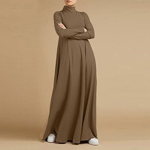 Xiaojmake Women Turtleneck Tunic Dresses Casual Long Sleeve Maxi Dress Long Sleeve Floore Length A Line Long Prayer Dress - color: Brown, size: X-Large