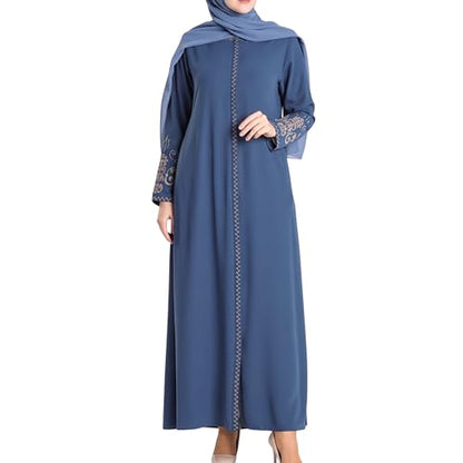 Women's Embroidered Sleeves Abaya and Embroidered On The Side of The Zipper Long Sleeve Floor Length Turkish Fashion - color: Blue, size: 3X-Large