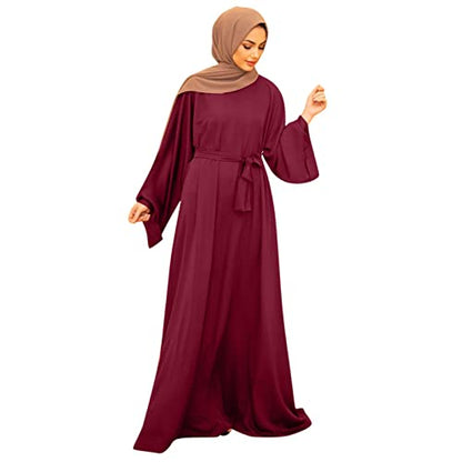 Prayer Dress for Women Muslim Long Sleeve A Line Elegant Maxi Dress Casual Wedding Party Maxi Dresses with Belt - color: Red, size: Small