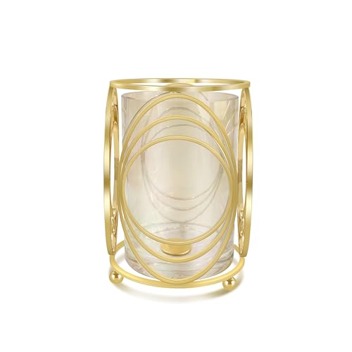 Gold Hurricane Candle Holder with Metal Frame, Windproof Thickened Glass Lid & Geometric Cutouts for Weddings, Parties, Home Decor - size: Large