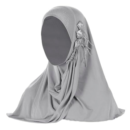 Women Soft One Piece Hijab Long Muslim Turban Islamic Full Head Scarf - color: 3 Flowers/Grey
