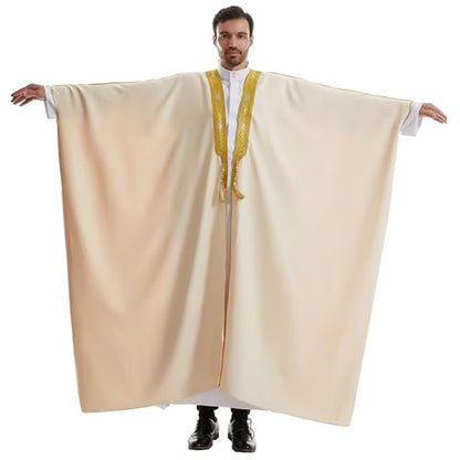 Muslim Men Thobe Thick Golden Tassel Muslim Prayer Cardigan Eid Open Abaya - color: Beige, size: Medium