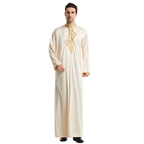 XINNI Men Arabic Long Sleeve Embroidery Thobe Stand Collar Kaftan Robe - color: Beige, size: Small