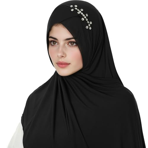 khalat Instant Hijab 여성용 무슬림 샤이니 라인스톤 데일리 스카프 부드럽고 신축성 있는 단색 이슬람 기도 히잡 - color: 블랙.