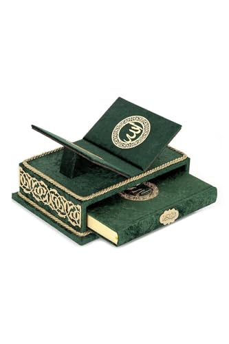SODEF Quran Set with Tabletop Lectern and Velvet Box Rahiya Series Green - Arabic Text, 601-650 Pages, Islamic Gift Set for Muslims