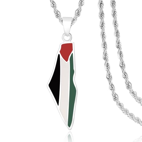 Palestine Map Pendant Necklace, Stainless Steel Chain, Multicolor，Peace Pendant - color: Silvery-1.5in