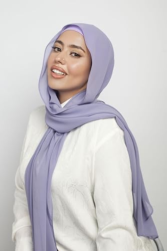 Instant Chiffon Hijab 3-in-1 with Built-in Magnets and Attached Match Undercap, Women Hijabs Set. - color: Lavender