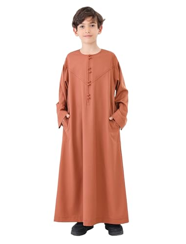 IDOPIP Muslim Thobe for Boys Kids Long Sleeve Islamic Arabic Kaftan Robe Middle East Dubai Prayer Dress Clothes with Pockets - color: Camel, size: 5-6 Years