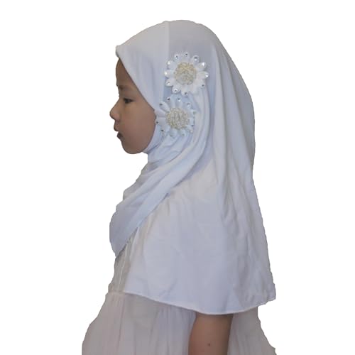 Soft Instant Hijab for Kids Girls Muslim Headscarf Islamic Scarf Shawl Wrap with Flowers - color: White-2 Flowers