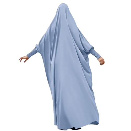 IDOPIP Muslim Abaya for Women One Piece Long Sleeve Islamic Prayer Dress with Hooded Hijab Maxi Kaftan Robe Modest Clothes - color: Blue